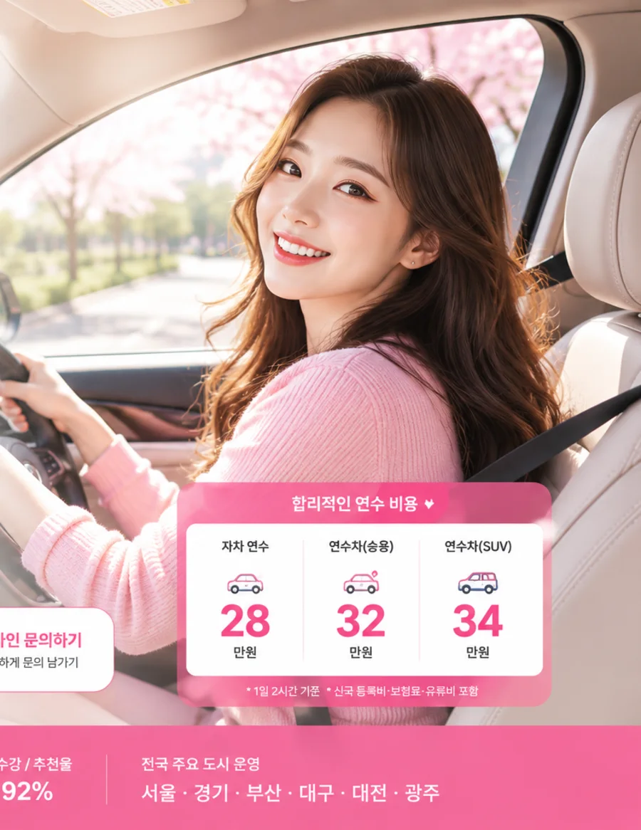 해피운전연수 여성 운전자가 밝은 도로에서 운전하는 모습